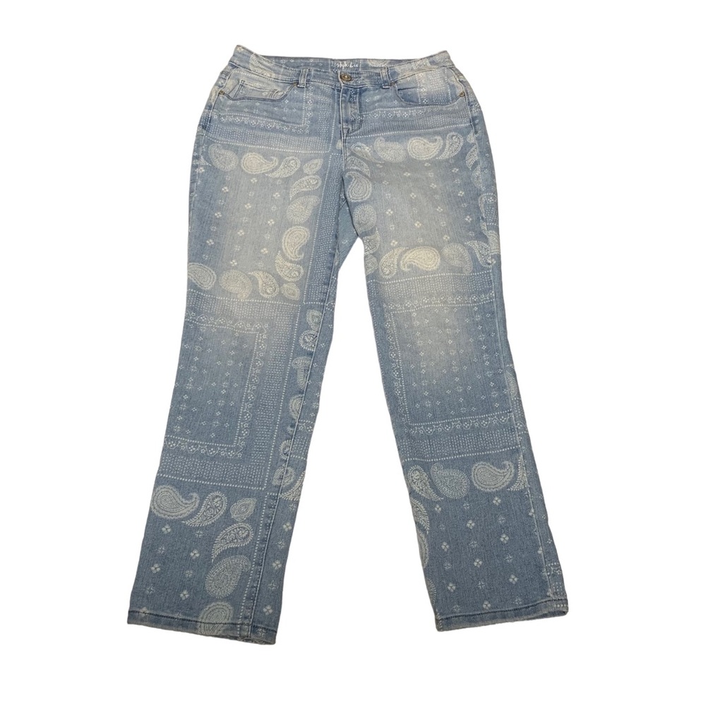 Style & Co Curvy Boyfriend Jeans Light Wash Bandana Print Paisley Blue Sz 8